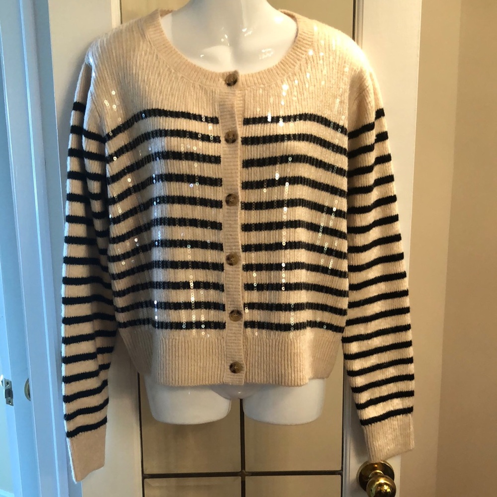 Beige & Black Striped Sequin Crewneck Cardigan